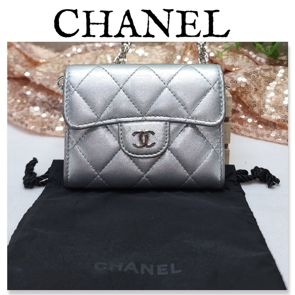 CHANEL Handbags - Authentic Chanel Silver Compact Wallet With Box, Dust Bag And Unbranded Chain